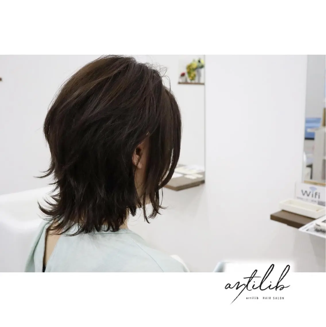 ミディアム カラー ヘアアレンジ 切りっぱなしボブ ショートボブ アディクシーカラー アクアカラー 透明感カラー SHO担当髪質改善 東加古川アーティブのヘアスタイル