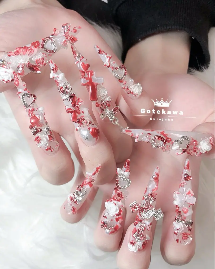 ネイル ロングネイル 赤色 ハンドネイル ハンドケア Gote Kawa nail salonのネイルデザイン