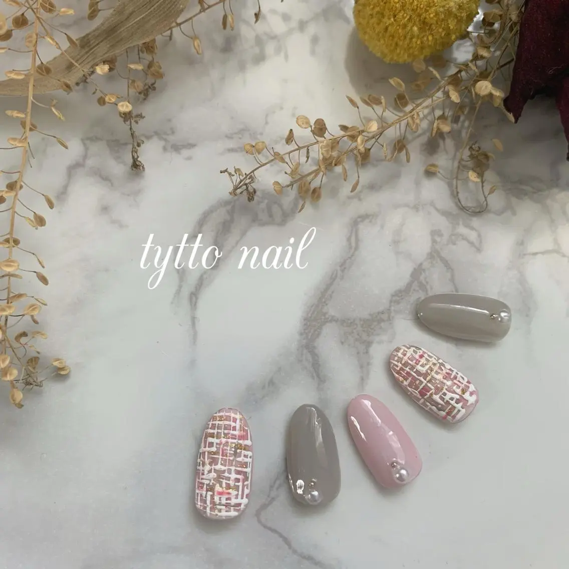 ネイル ピンク ツイードネイル 冬ネイル ハンドネイル tytto nail ❤︎‪‪eri‪‪のネイルデザイン