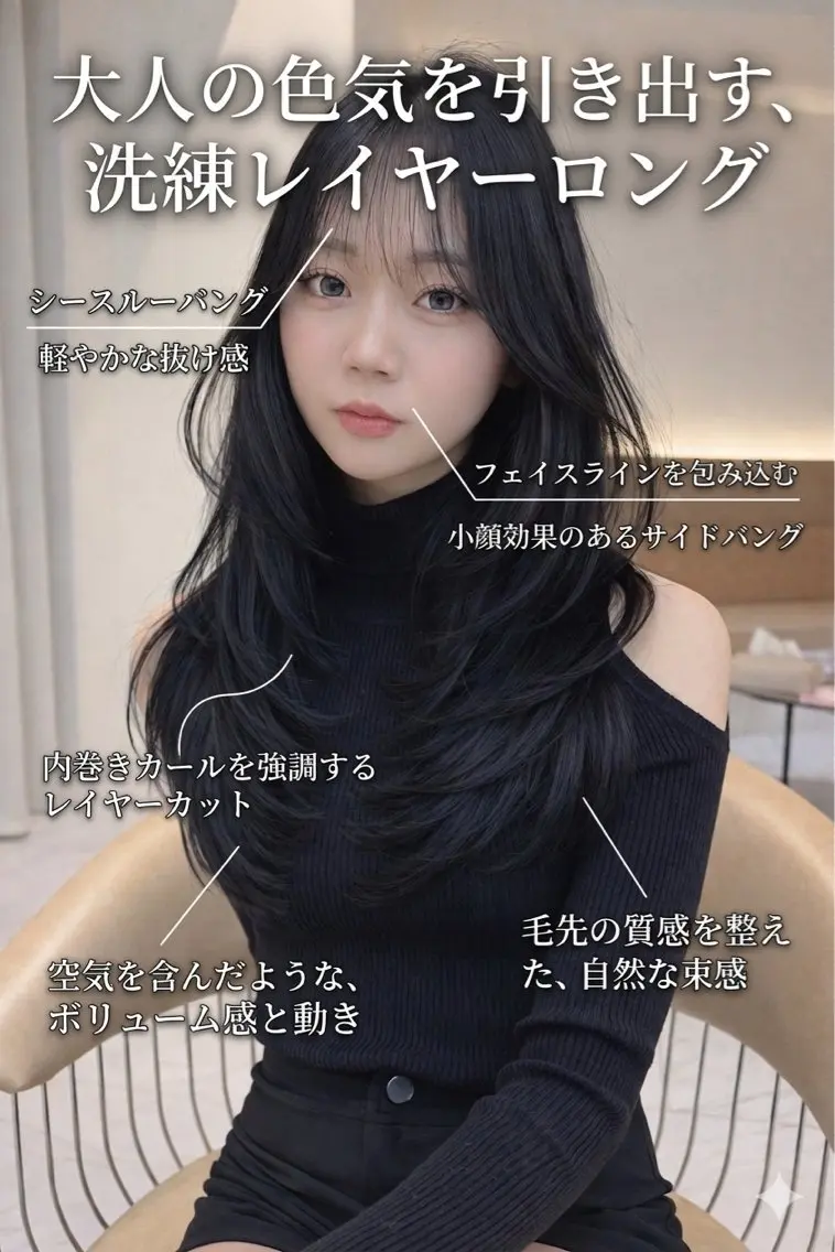ロング ロング シースルーバング サイドバング 小顔カット ケルビン/レイヤー/ 垢抜け韓国ヘアのヘアスタイル