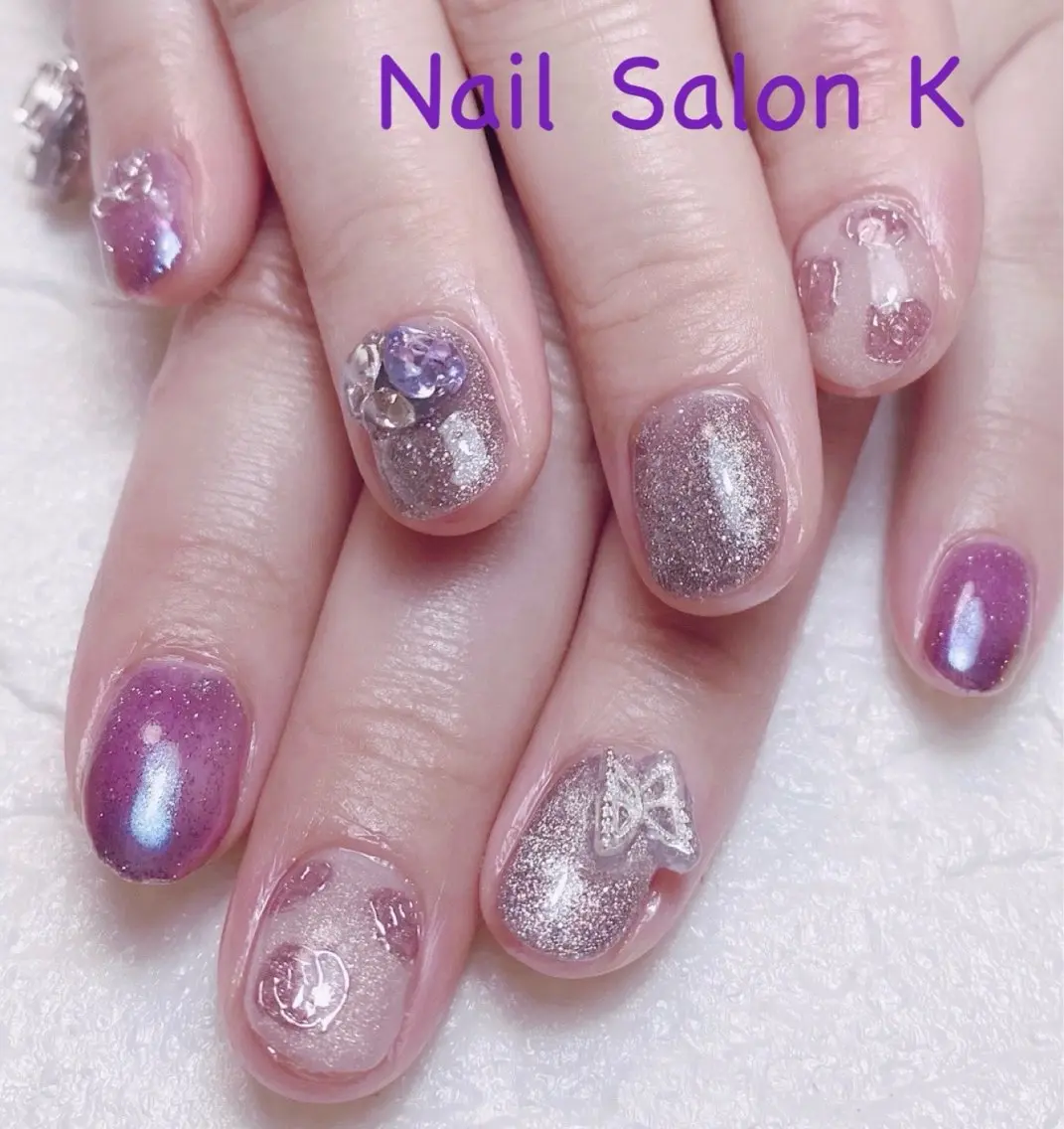 ネイル 長さ出し ミラーネイル パープル ハンドネイル Nail Salon K 🧸美爪育成のネイルデザイン