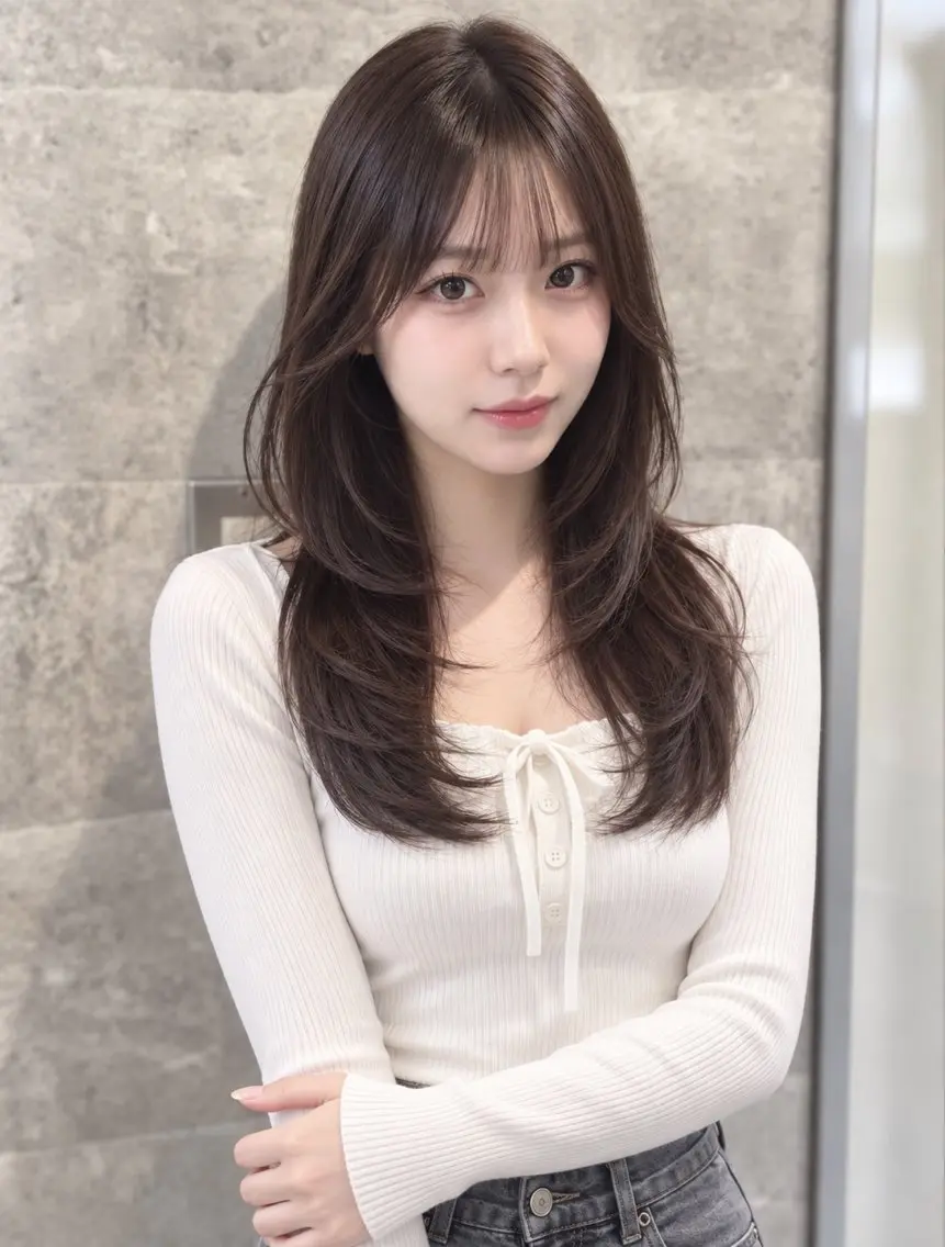 セミロング くびれヘア ハッシュカット 韓国風ヘア レイヤーカット シースルーバング カット ヘアカラー トリートメント 新宿/韓国レイヤー/ 顔まわり透明感カラーのヘアスタイル