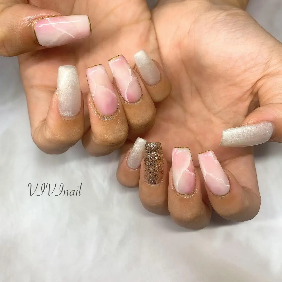 ネイル 大理石ネイル(マーブル) ピンク ハンドネイル vivi nailのネイルデザイン
