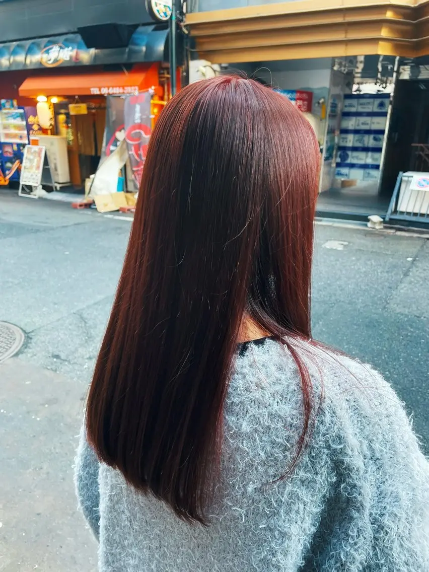 セミロング カラー レッドカラー 東心斎橋☆豆柴 🐾倶楽部のヘアスタイル