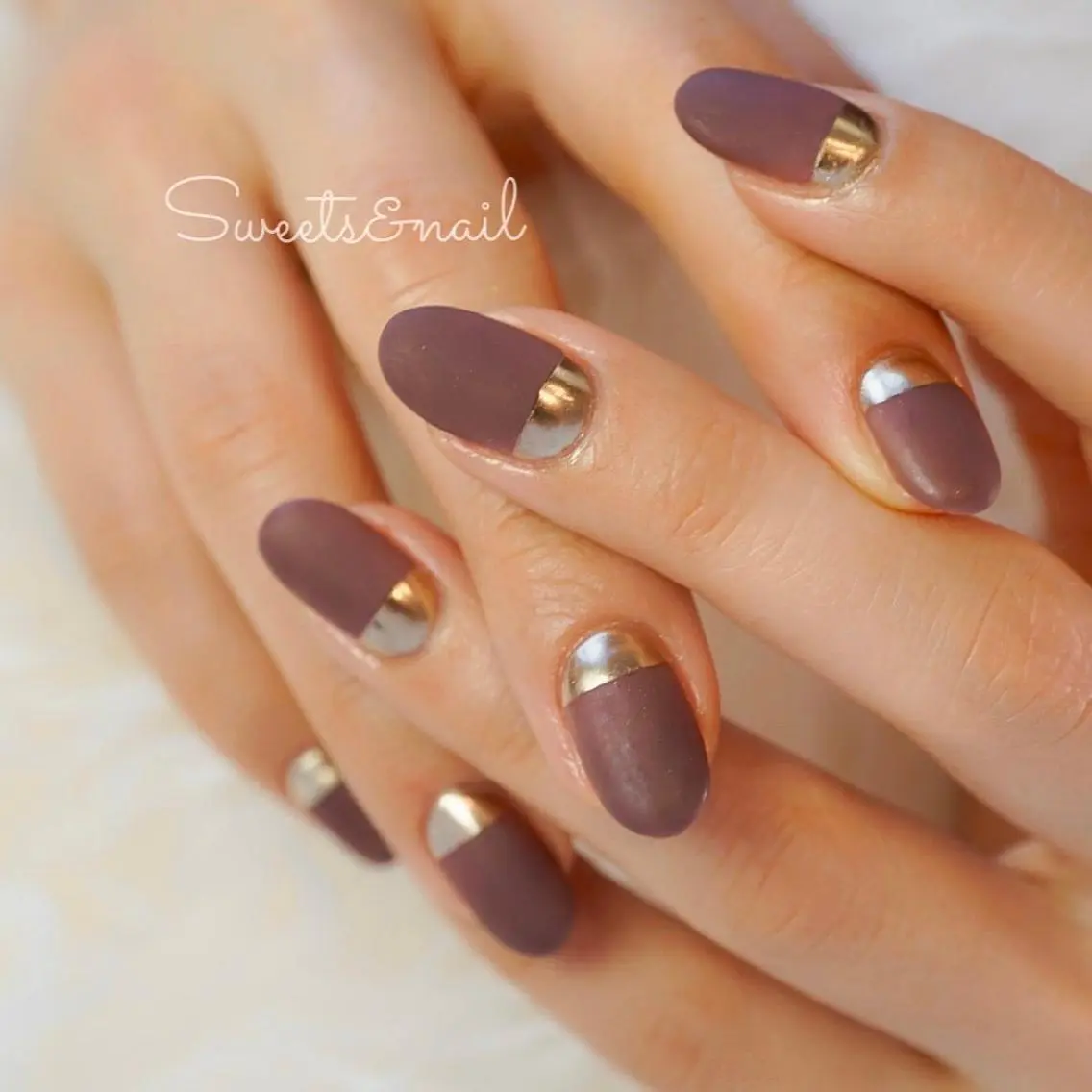 ネイル ブラウン フレンチネイル ゴールド マットネイル ミラーネイル Sweets& nail みなこのネイルデザイン