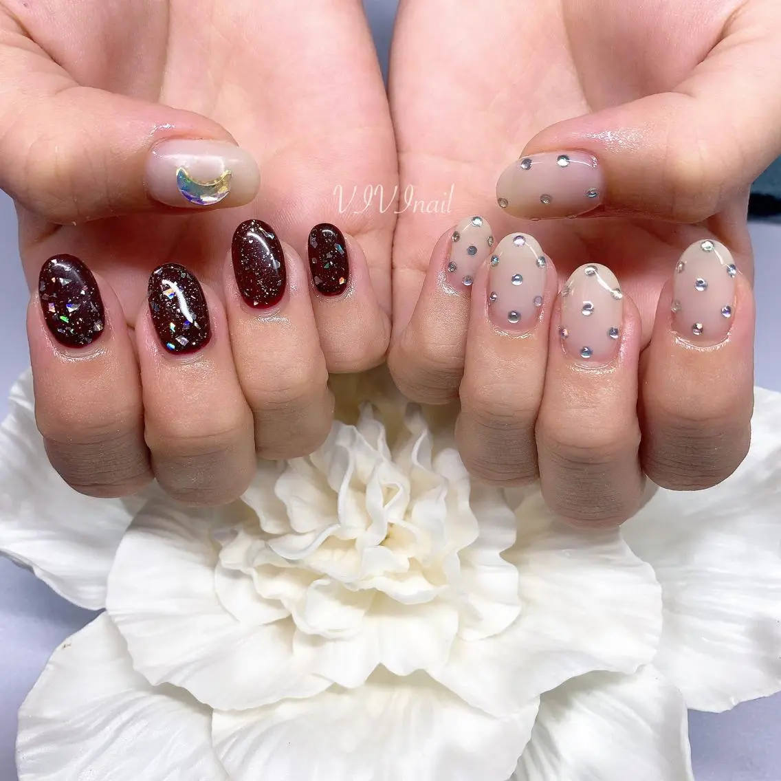 ネイル ボルドー キラキラネイル ハンドネイル vivi nailのネイルデザイン