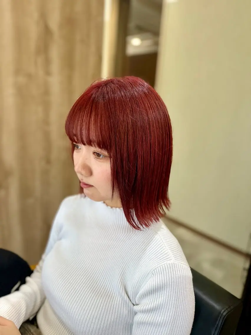 ミディアム カラー 切りっぱなしボブ ショートボブ レッドカラー ボブ 似合わせカット 髪質改善✨艶カラー MASAYAのヘアスタイル
