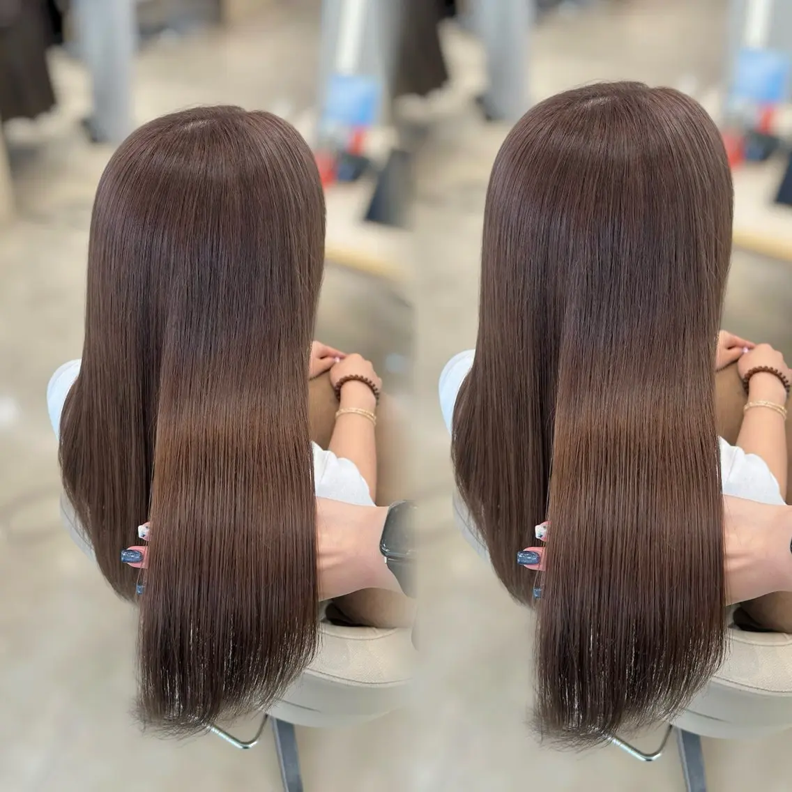 ロング カラー ベージュカラー ブリーチ ヘアカラー トリートメント ヘアセット ベージュ/つや/ レイヤー/ゆいなのヘアスタイル