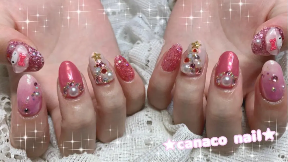 ネイル アートネイル ジェルネイル パラジェル ピンク ストーンネイル ハンドネイル ハンドケア ベテランネイル cnc nailのネイルデザイン