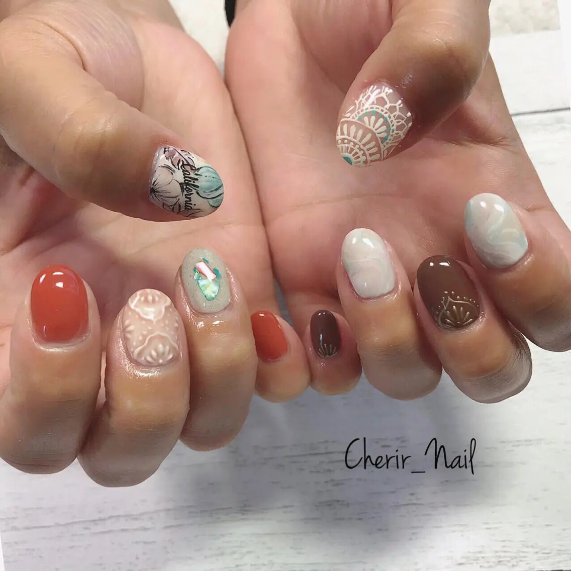 ネイル アートネイル ブラウン クリアネイル フラワーネイル 大理石ネイル(マーブル) Cherirnail kaoriのネイルデザイン