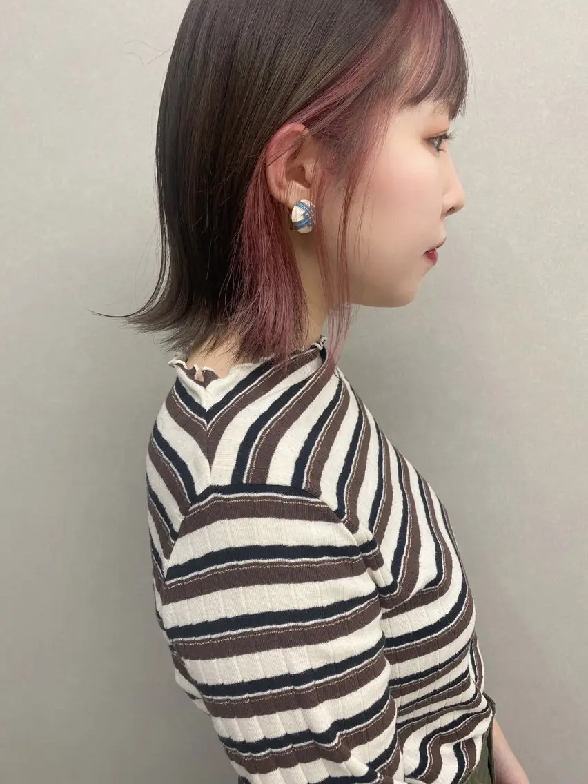 ミディアム カラー ブリーチ ダブルカラー インナーカラー ピンクカラー ボブ -福岡博多筑紫口- 大津成美のヘアスタイル