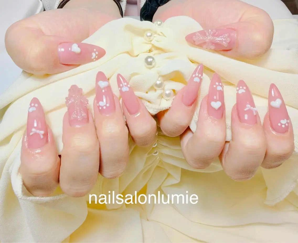 ネイル 長さ出し ハート 持ち込み ピンク ハンドネイル ✨韓国✨nail salonLumieのネイルデザイン