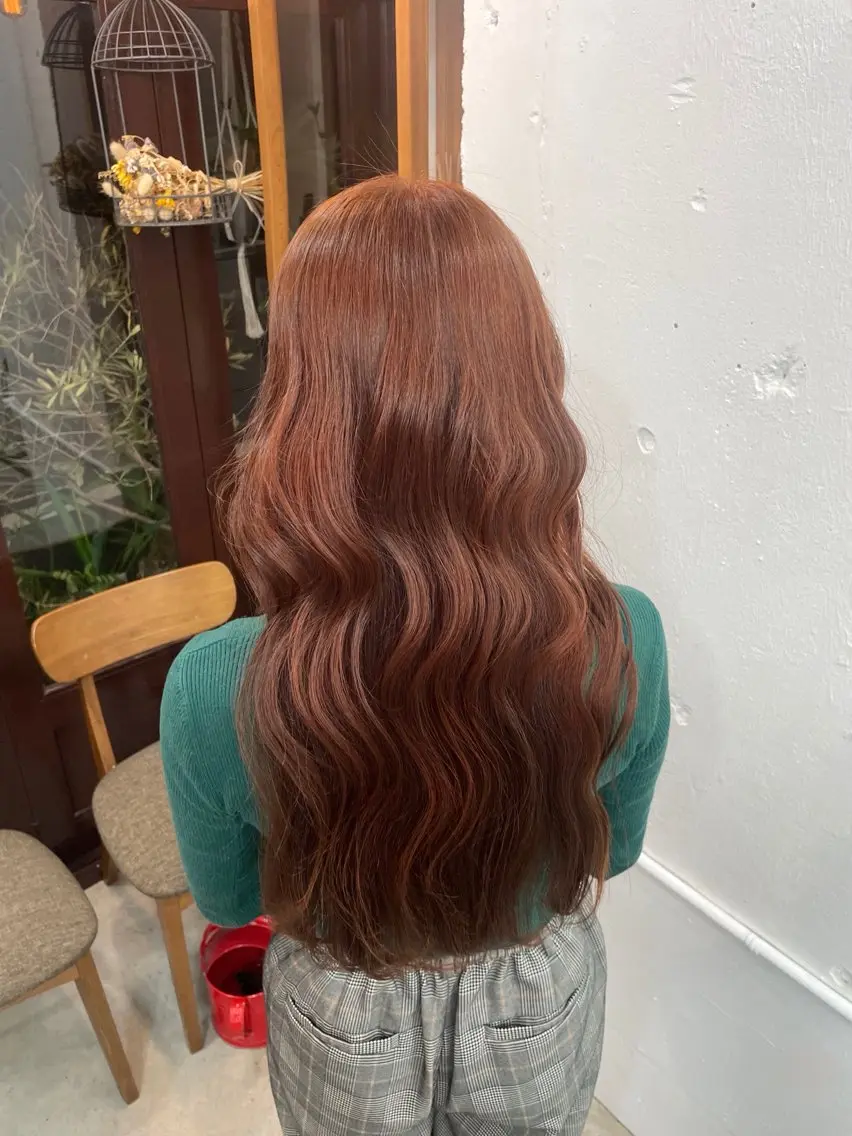 ロング カラー オレンジ トリートメント ヘアカラー トリートメント Hina/縮毛矯正/ 髪質改善/艶カラーのヘアスタイル