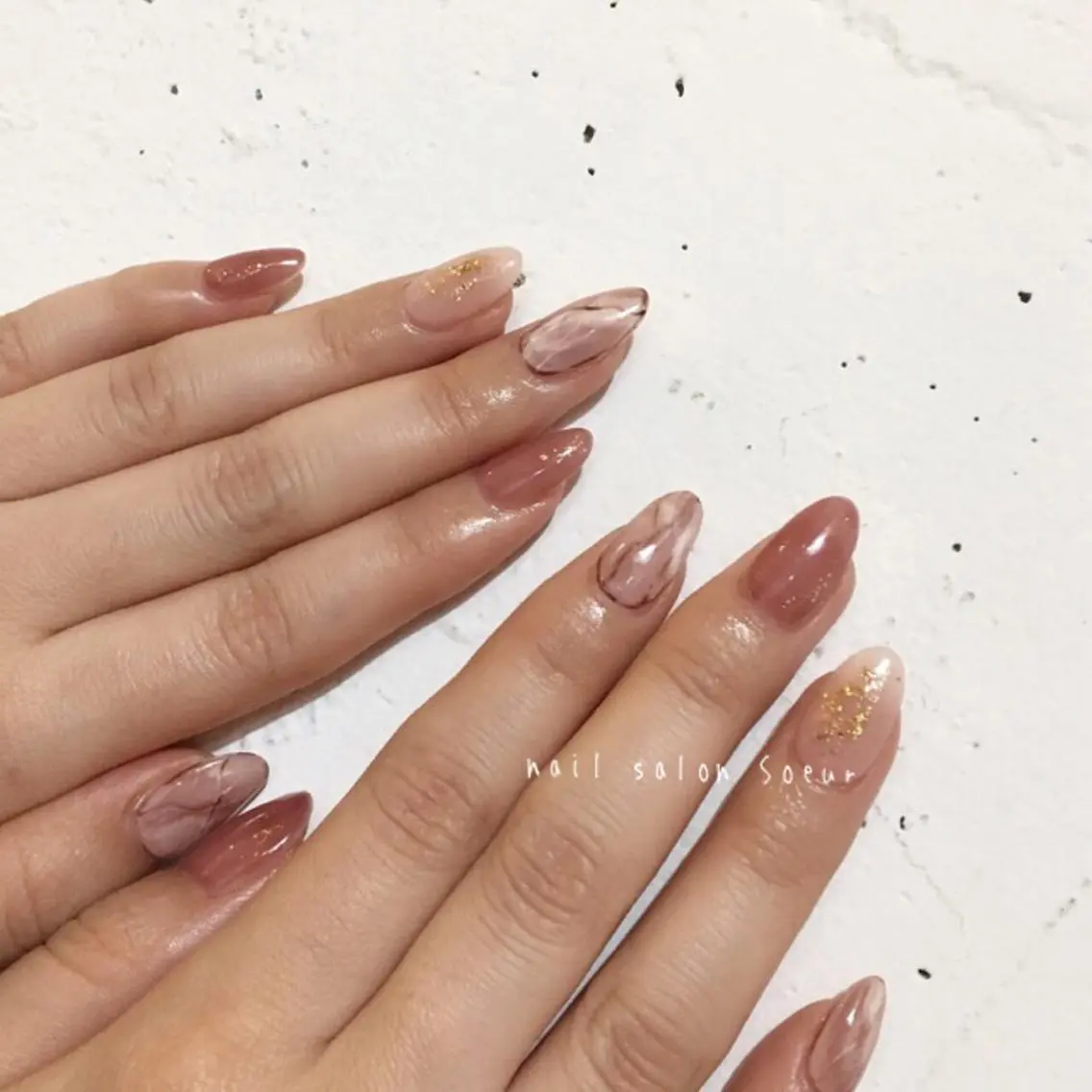 ネイル ブラウン 長さ出し 持ち込み ピンク スカルプネイル ハンドネイル nail salon Soeurのネイルデザイン