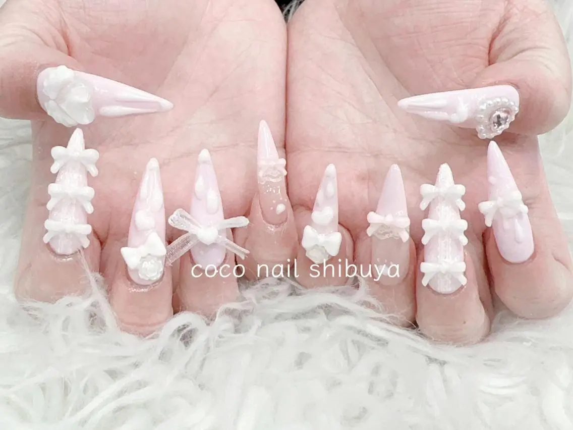 ネイル 成人式 大理石ネイル(マーブル) リボン 夏ネイル ネイルチップ ハンドネイル Min Coco nailのネイルデザイン