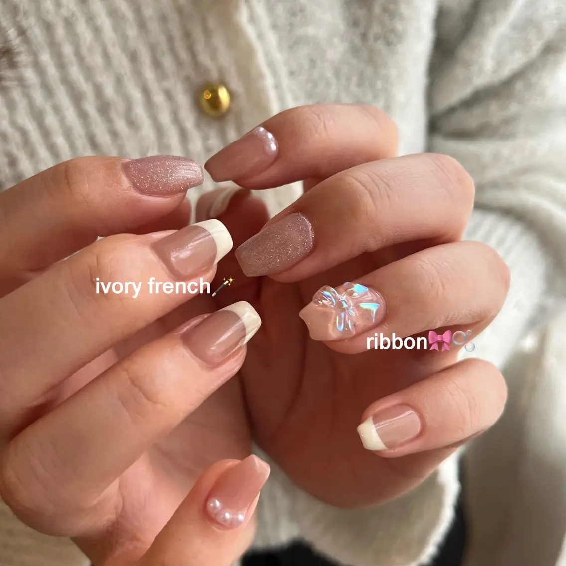 ネイル フレンチネイル ガーリー 氷ネイル・うるうるネイル リボン ハンドネイル happiness プライベートサロンのネイルデザイン