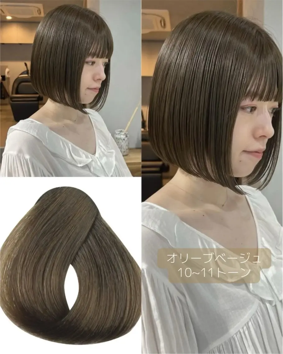 ミディアム カラー カット ヘアカラー トリートメント akane/オリーブ /ボブパーマのヘアスタイル