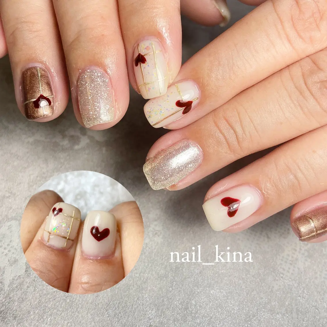 ネイル ハート ミラーネイル バレンタイン ホワイト nail_ kinaのネイルデザイン