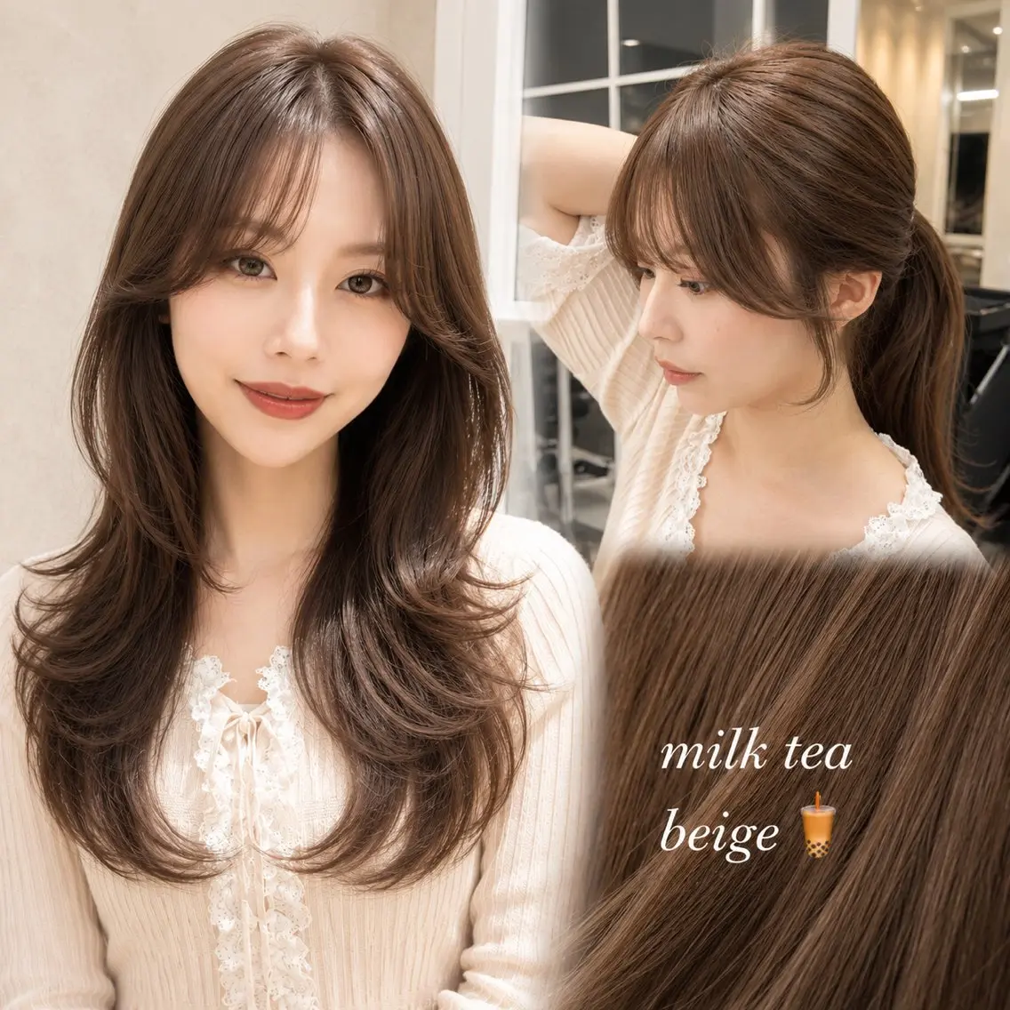 ロング カラー ベージュカラー ブリーチ ダブルカラー ミルクティーベージュ ブリーチなしカラー カット ヘアカラー トリートメント ヘッドスパ ボブ｜韓国｜美髪矯正 ｜amika🌙のヘアスタイル