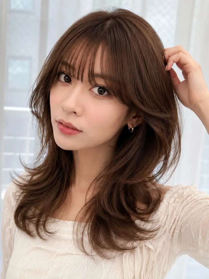 セミロング 韓国風ヘア レイヤーカット 割れない顔まわり× 小顔補正レイヤー難波のヘアスタイル