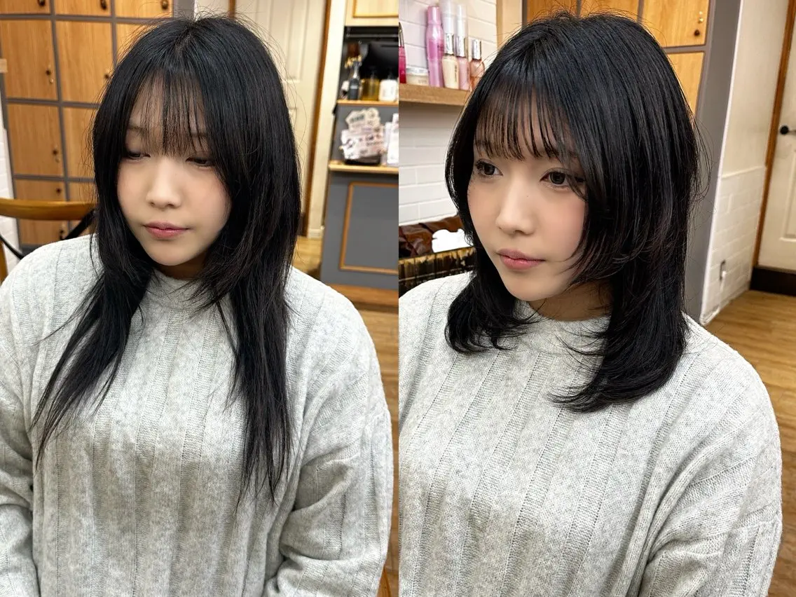 ミディアム カラー パーマ ヘアアレンジ メンズ キッズ レイヤーカット/ 巻ける縮毛矯正のヘアスタイル