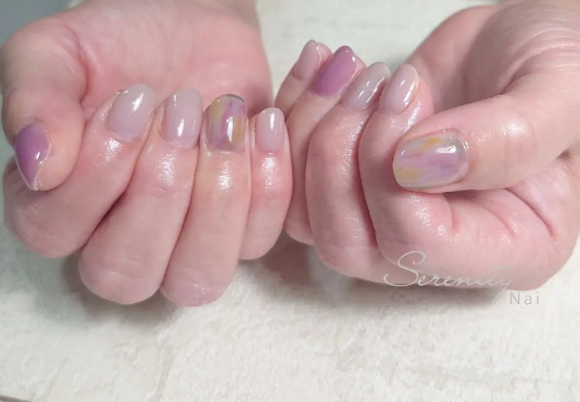 ネイル グリーン 持ち込み パープル ハンドネイル nail serenityのネイルデザイン