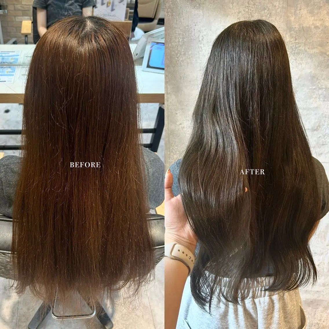 ロング カラー ダブルカラー グレージュ オリーブグレージュ オリーブグレー ヘアカラー 美髪縮毛 COCOROのヘアスタイル