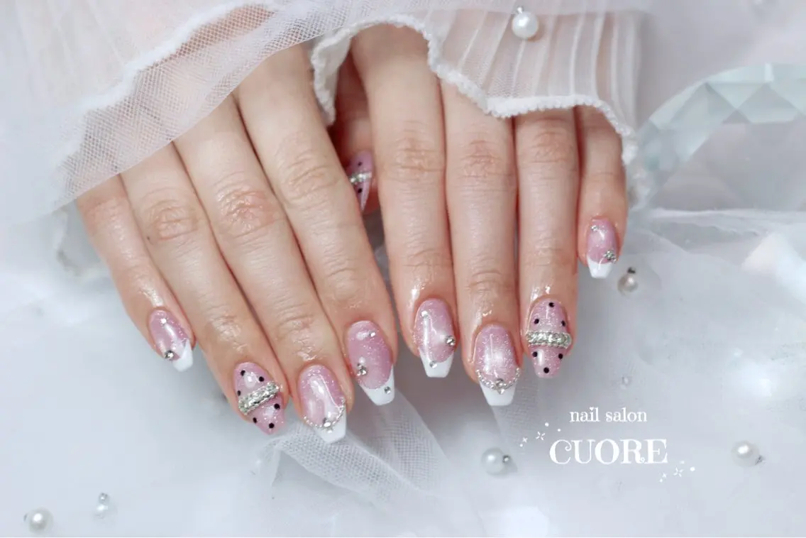 ネイル ドット フレンチネイル ピンク ハンドネイル nail salon CUOREのネイルデザイン