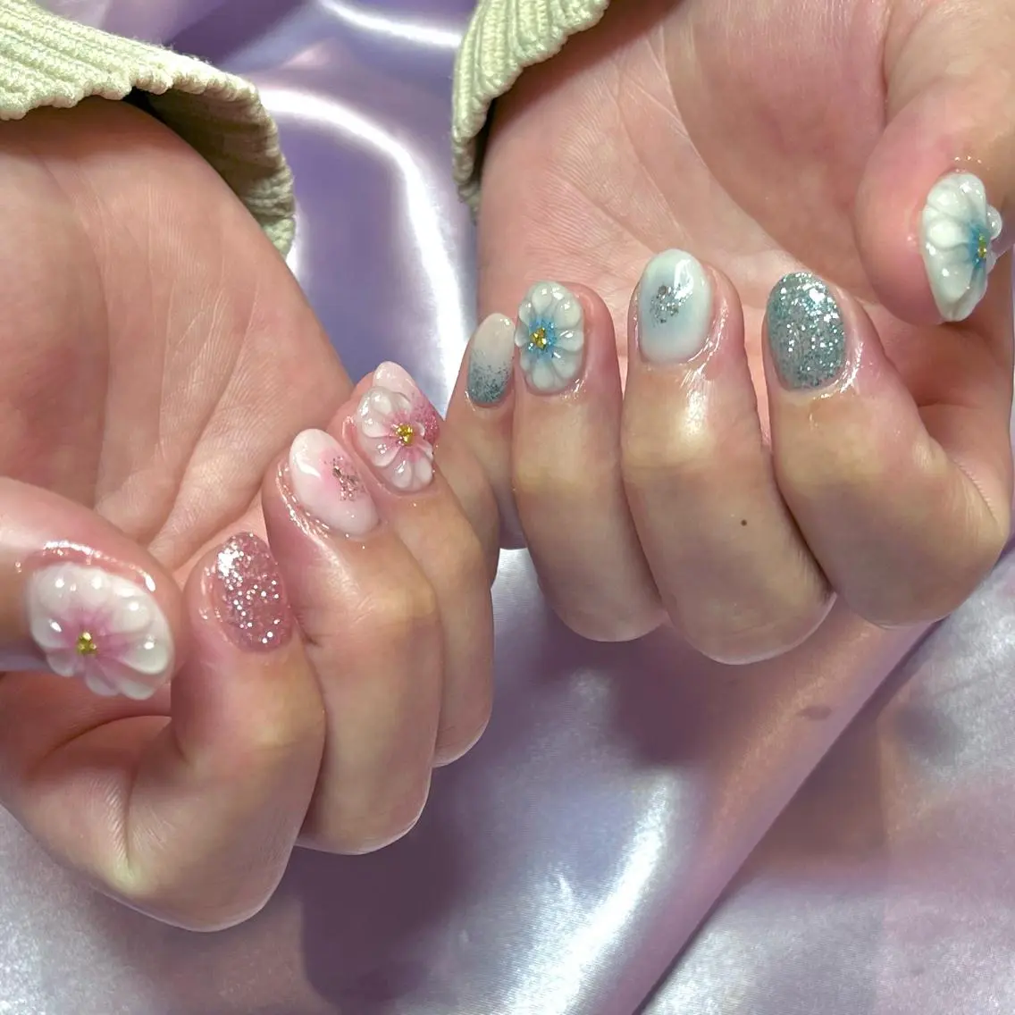 ネイル オーロラネイル チークネイル フラワーネイル ガーリー キラキラネイル ハンドネイル フットネイル Para Sol nail Maoのネイルデザイン