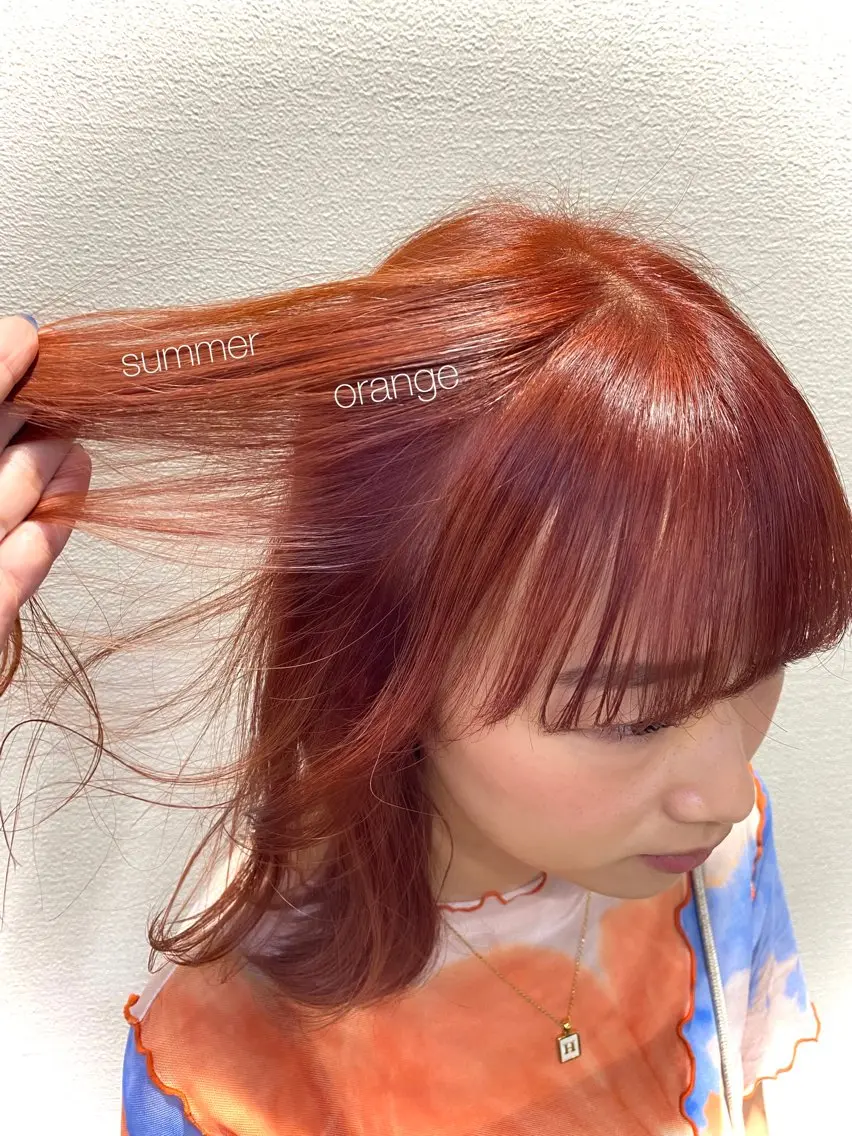 ミディアム カラー ブリーチ オレンジ 似合わせレイヤー/ Wカラー🧸こころのヘアスタイル