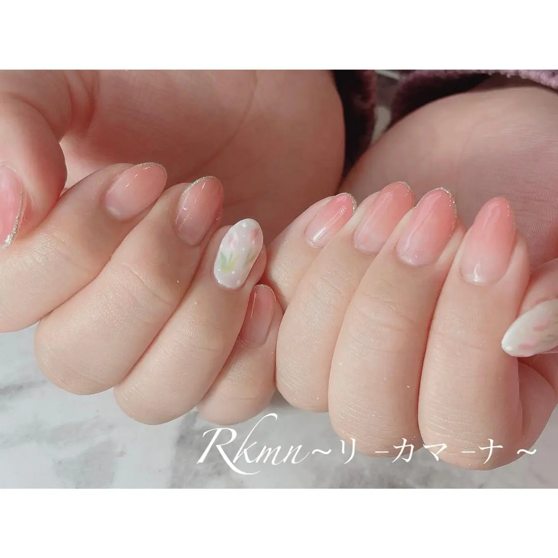 ネイル アートネイル フラワーネイル グラデーション ラメ(グリッター) ピンク ハンドネイル フットネイル ハンドケア Rkmn ~リ-カマ-ナ~のネイルデザイン