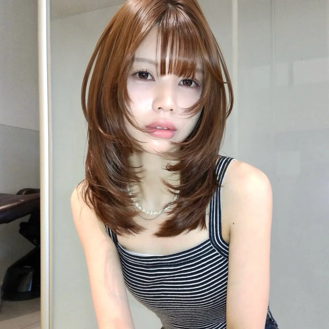 セミロング カラー 顔まわりレイヤー レイヤーカット カット ヘアカラー トリートメント みずき/銀座 似合わせカットのヘアスタイル