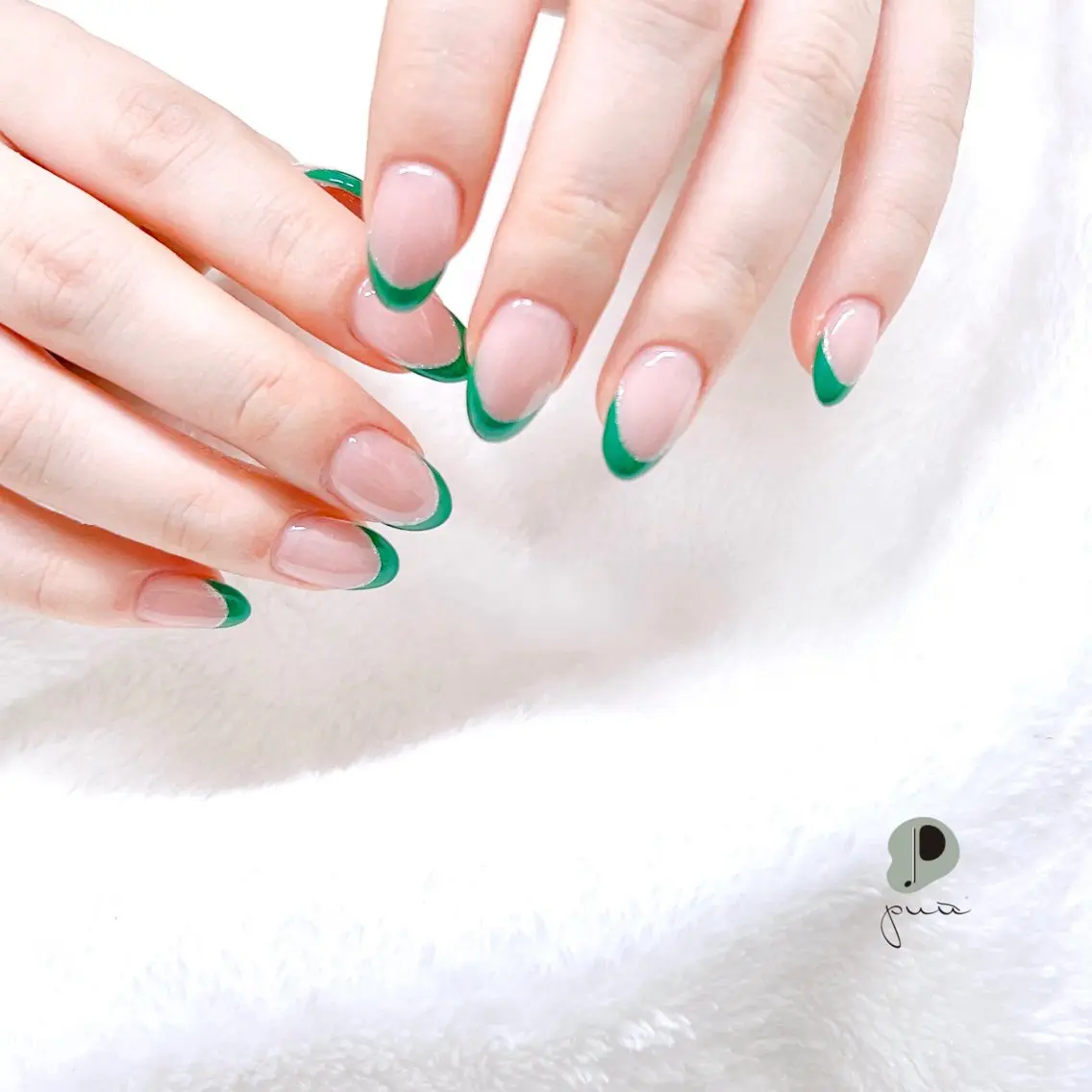 ネイル フレンチネイル ジェルネイル グリーン ラメ(グリッター) ハンドネイル Nail salon puu kyotoのネイルデザイン