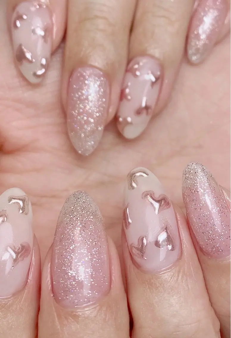 ネイル フラッシュネイル ハート キラキラネイル ミラーネイル 持ち込み ハンドネイル Nail Salon K 🧸美爪育成のネイルデザイン