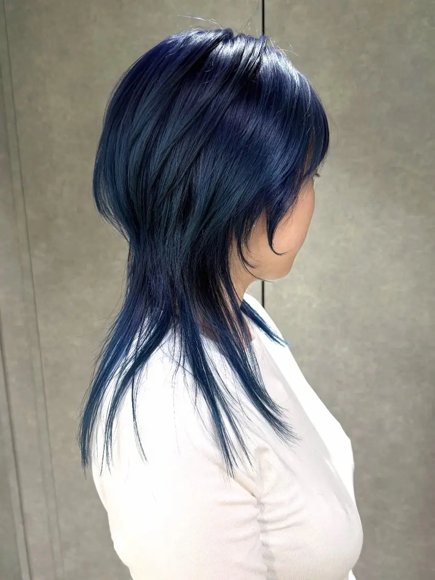 セミロング カラー ブルーカラー ネイビーカラー マレットヘア ウルフカット カット ヘアカラー yu-kaハッシュ カット/韓国レイヤーのヘアスタイル
