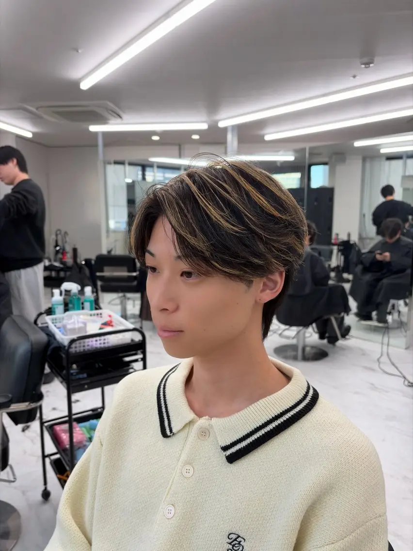 ミディアム カラー メンズ メンズハイライト ハイライトカラー ハイライト カット ヘアカラー フジイ カナウのヘアスタイル
