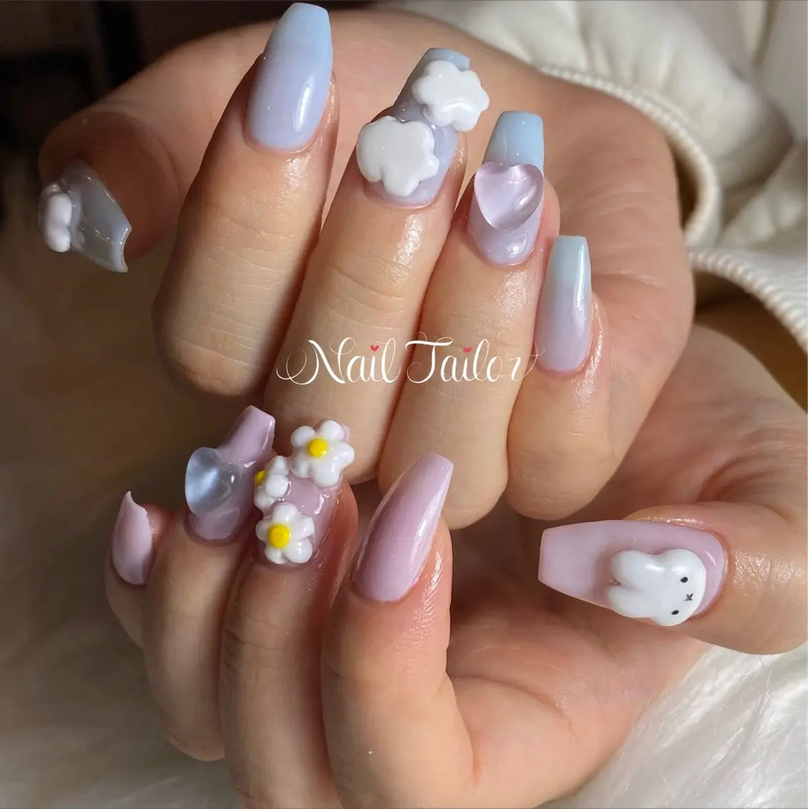 ネイル ハート 水色 ロングネイル 持ち込み ピンク NailTailor ネイルテイラーのネイルデザイン