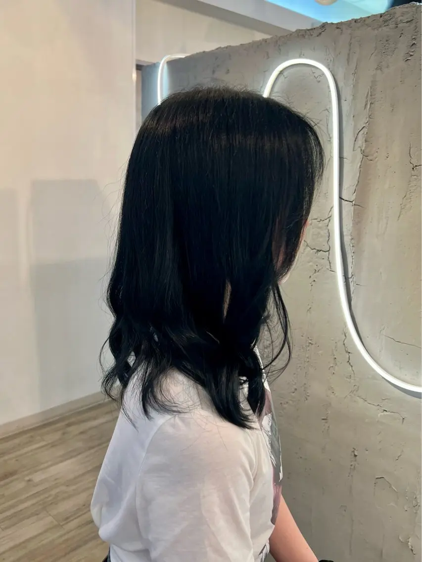 ミディアム カラー 黒髪 ブルーカラー ブルーブラック 透明感カラー カット ヘアカラー トリートメント いぐちしょうた🫧 VISAGEbaskのヘアスタイル