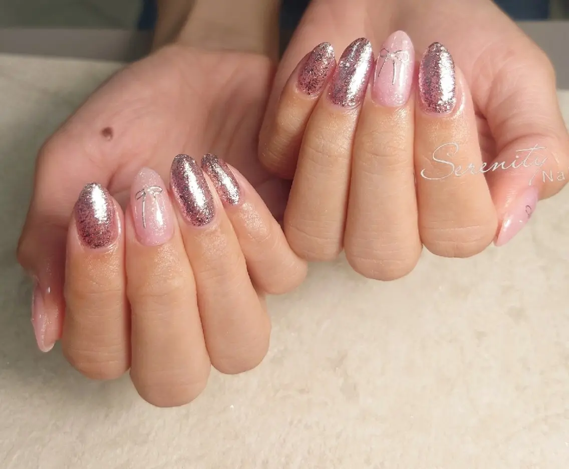 ネイル ラメ(グリッター) ピンク リボン ハンドネイル nail  serenityのネイルデザイン