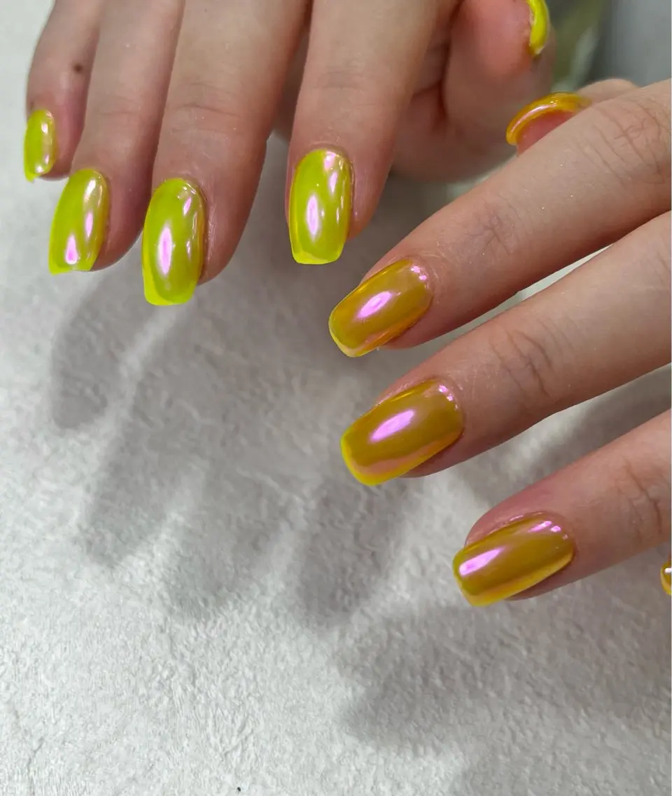 ネイル オーロラネイル クリアネイル ピンク スクエアネイル 黄色 Para Sol nail　Maoのネイルデザイン