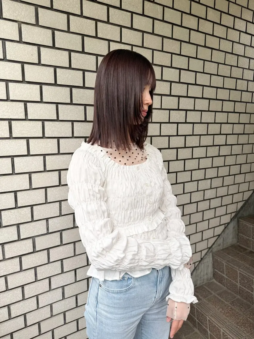 ミディアム カラー カット 縮毛矯正 トリートメント 縮毛矯正ボブ&顔まわ レイヤー♡TOMOEのヘアスタイル