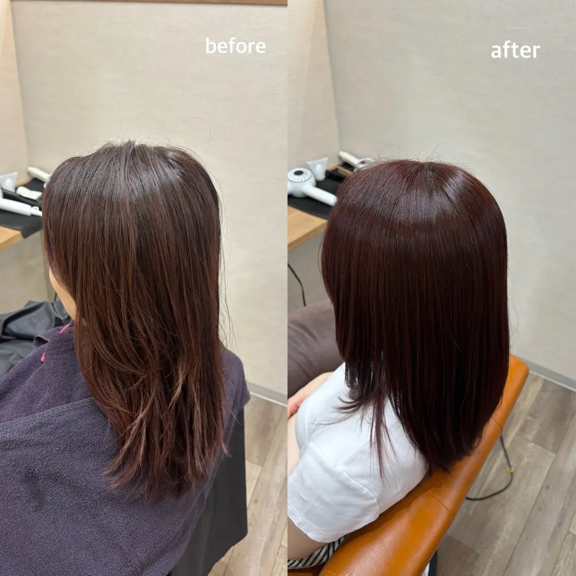 セミロング カラー オレンジ レッドカラー 竹本 梨夢のヘアスタイル