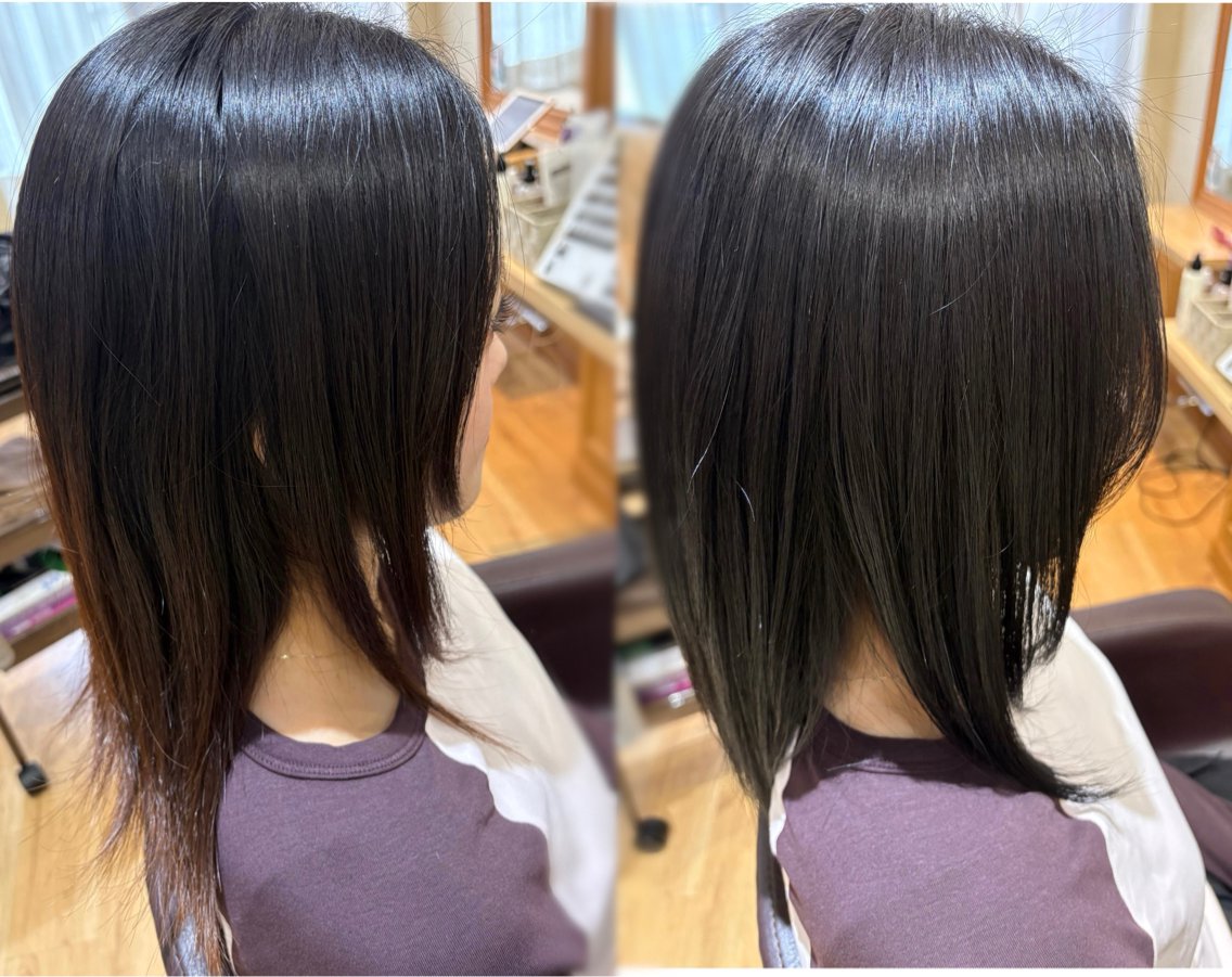 ミディアム カラー 黒髪 ナチュラルブラック 縮毛矯正 門田 杏実のヘアスタイル