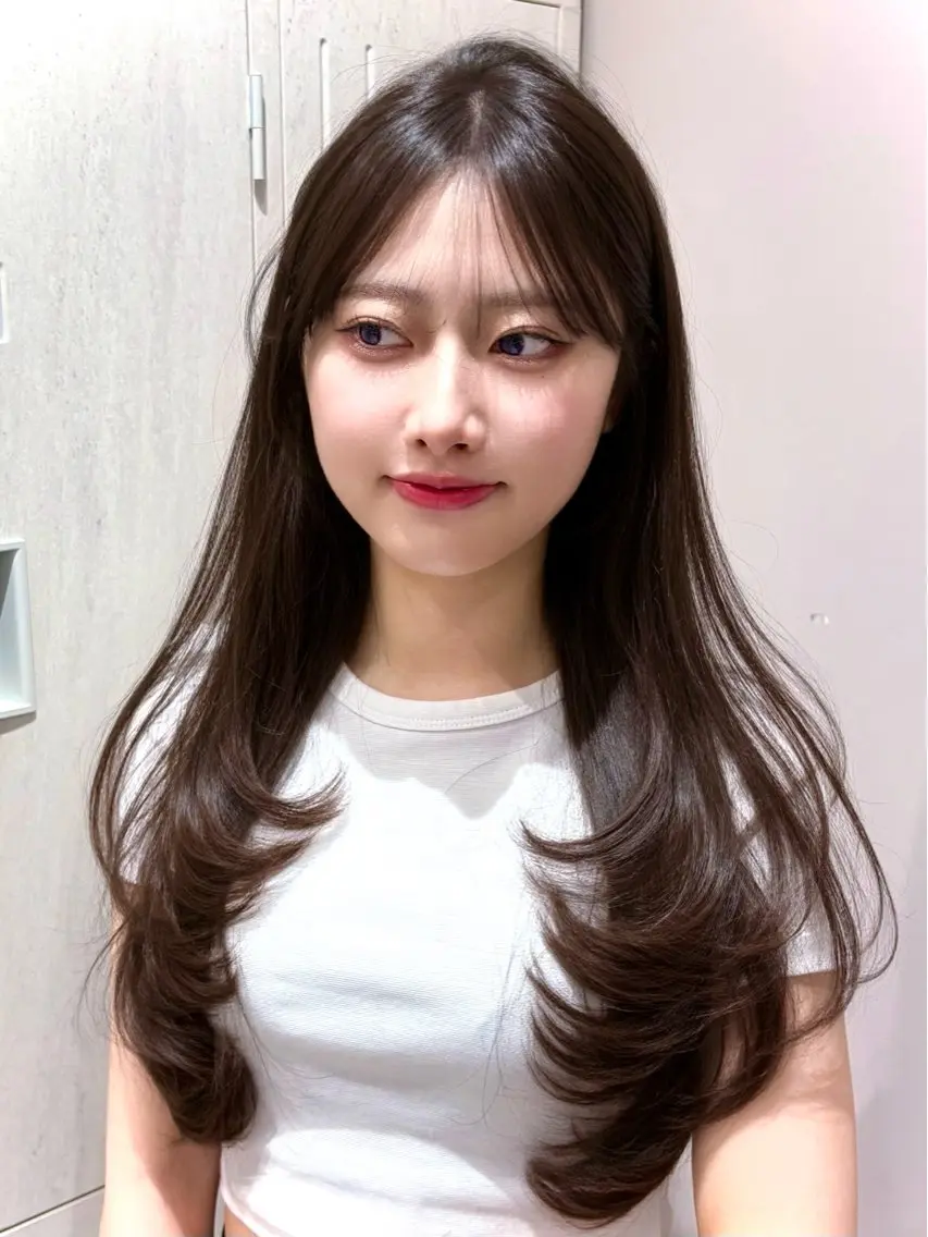 ミディアム 顔まわりレイヤー 韓国風ヘア レイヤーカット 小顔カット カット ヘアカラー トリートメント 赤み消し透明感カラー 似合わせ前髪柴田礼空のヘアスタイル