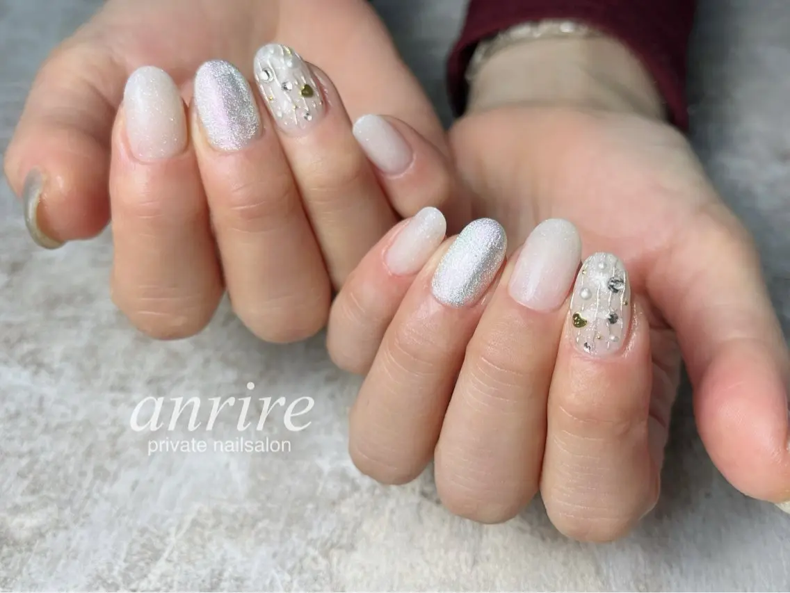 ネイル ブルー ジェルネイル ハート キラキラネイル マグネットネイル nailsalon anrireのネイルデザイン