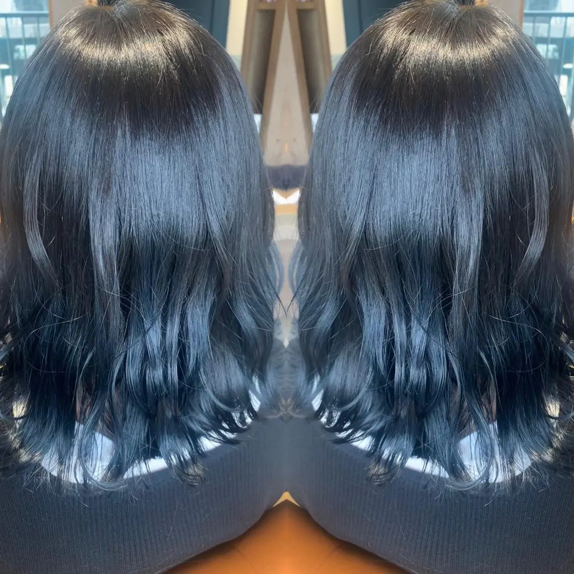 ミディアム カラー 黒髪 ネイビーカラー ムルギョル巻き 韓国🇰🇷 ✂︎hair 内田愛のヘアスタイル