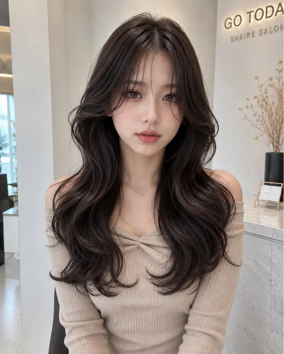 ロング カラー 透明感カラー 顔周りカット ヨシンモリ 韓国風ヘア レイヤーカット カット ヘアカラー 【韓国風特化】 池田一之のヘアスタイル