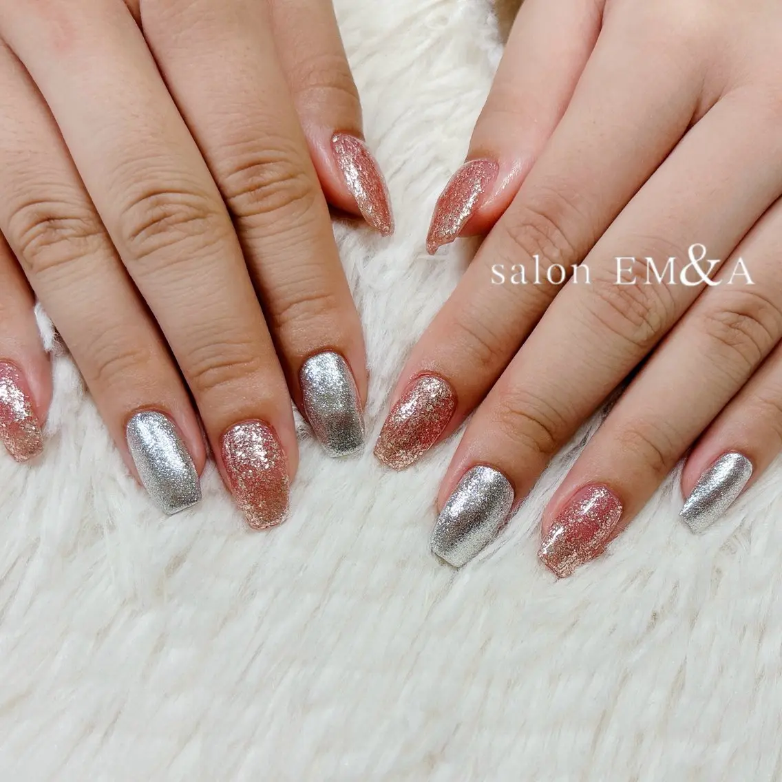 ネイル ラメ(グリッター) ピンク シルバー ハンドネイル salon EM&A emiのネイルデザイン