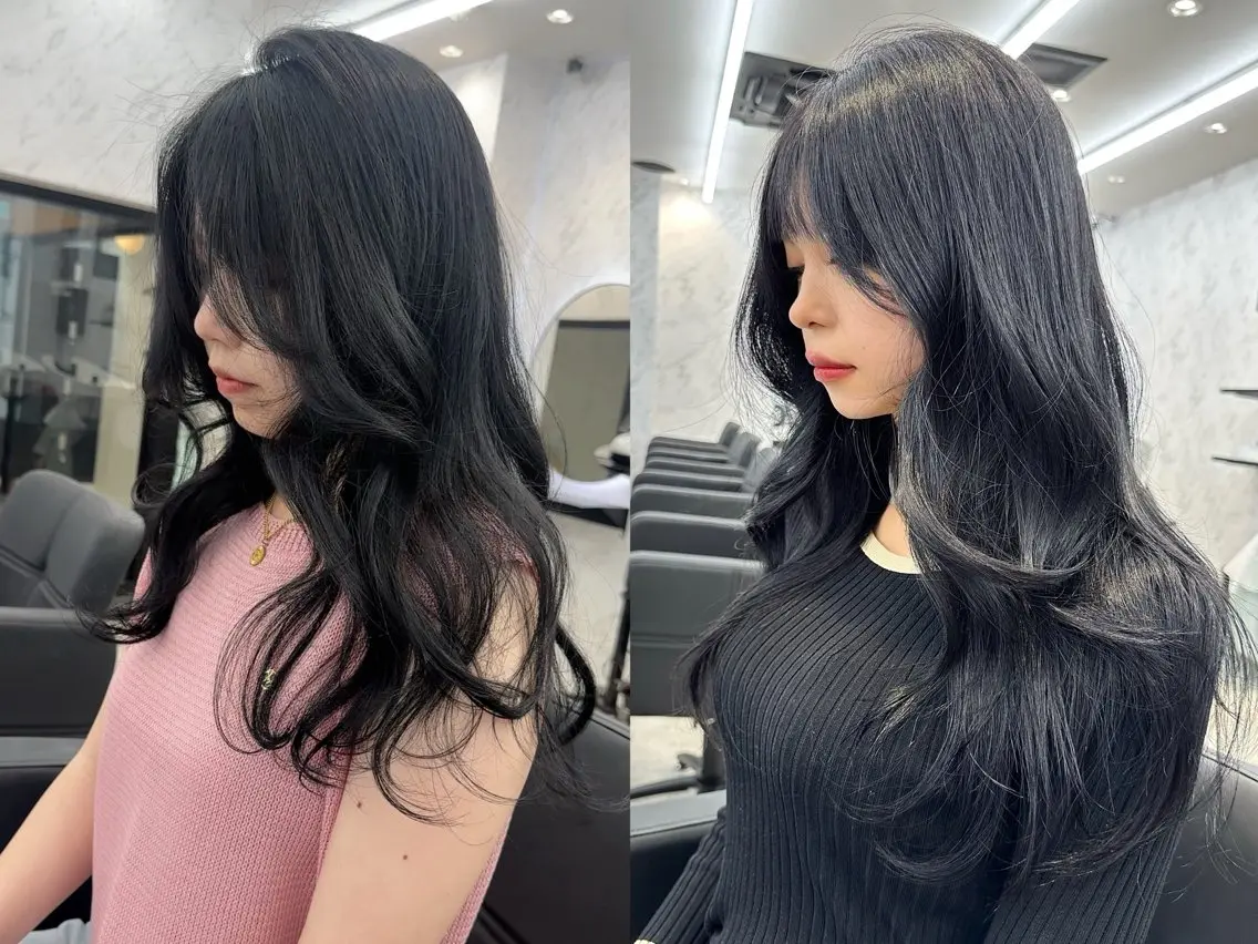 ロング カラー 黒髪 ブルーカラー ブルーブラック 遠藤沙也加 /レイヤーカットのヘアスタイル