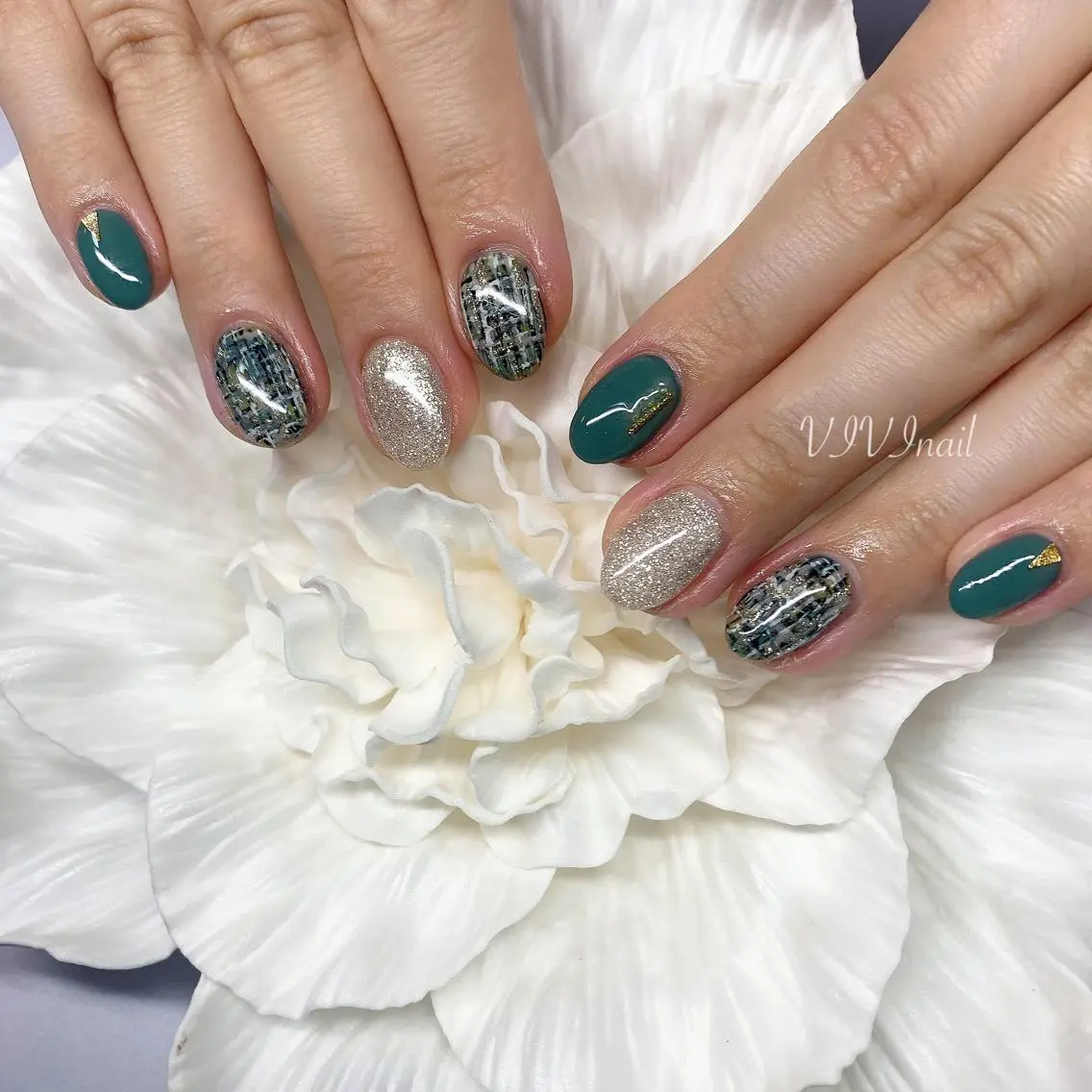 ネイル グリーン ツイードネイル ハンドネイル vivi nailのネイルデザイン